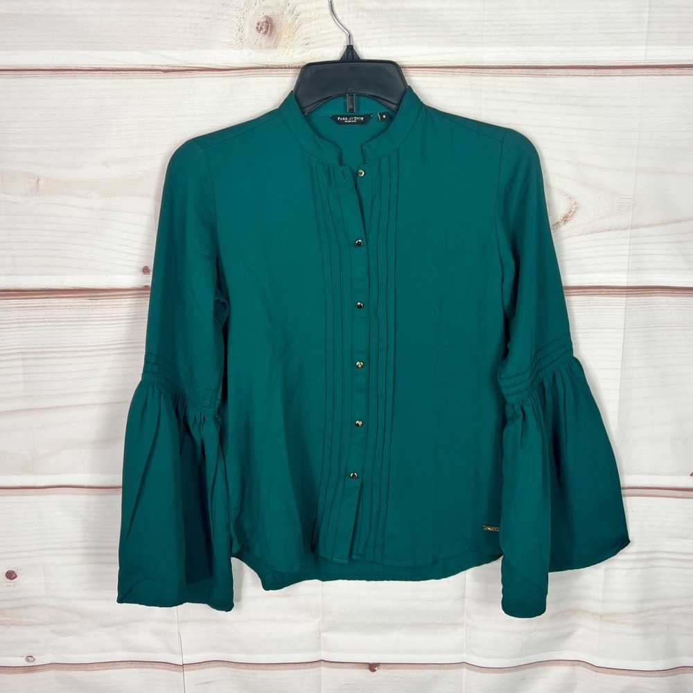 Park Avenue Top Womens 8 Green Bell Sleeve Blouse Pullover Woven High Neck Solid